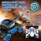 RC tank that shoots water bullets at target, shown with control pad and action background.