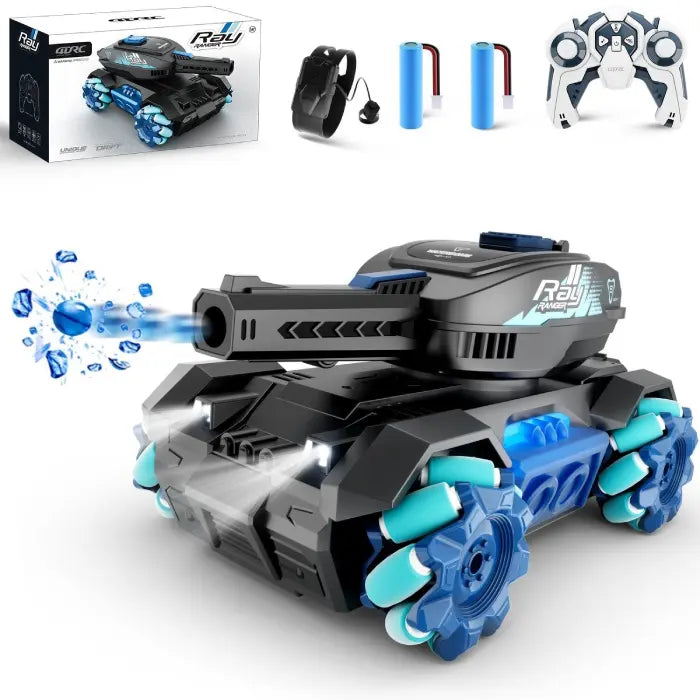 RC tank that shoots water bullets, includes controller, batteries, and wearable gesture sensor glove.