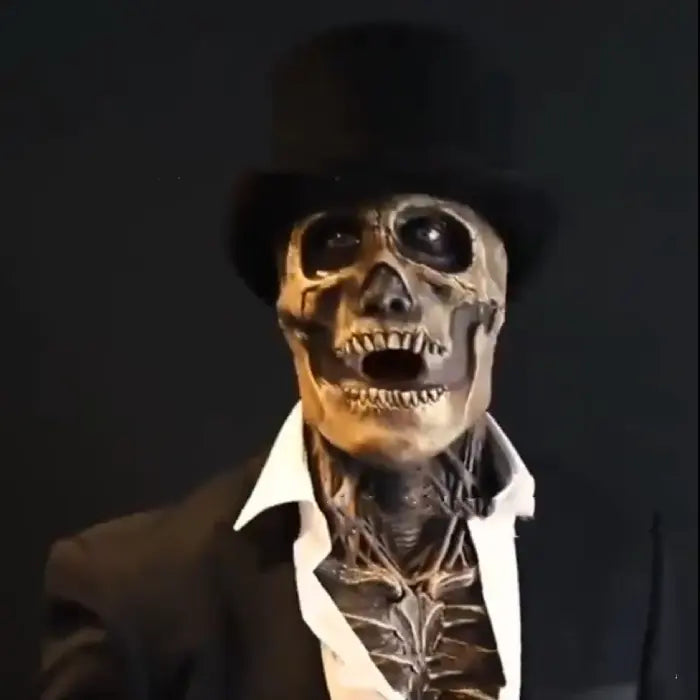 Realistic Halloween skeleton mask in suit and black top hat with expressive open-mouthed pose.