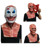 Realistic Halloween mask with Joker-style face covering removable red muscle skull layer underneath.