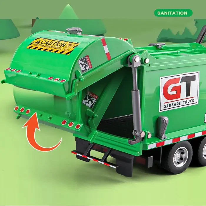 Rear view of green garbage truck toy with openable back and detailed caution stickers for realism.