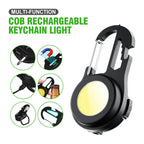 Infographic showing six functions of multi-purpose COB LED keychain light including bottle opener and charging features
