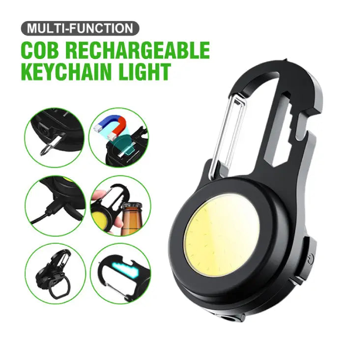 Infographic showing six functions of multi-purpose COB LED keychain light including bottle opener and charging features