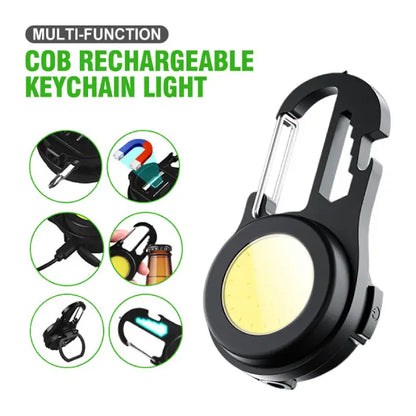 Infographic showing six functions of multi-purpose COB LED keychain light including bottle opener and charging features