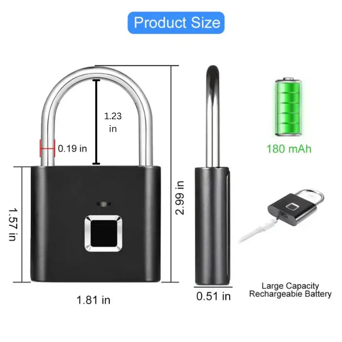 Smart fingerprint lock technical specs: 1.81x1.57 inches, 180mAh battery, USB charging port, compact security solution