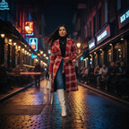 Red belted trench styled for evening streetwear, a plaid coat worn confidently with boots for polished winter outfits.