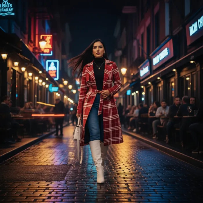 Red belted trench styled for evening streetwear, a plaid coat worn confidently with boots for polished winter outfits.