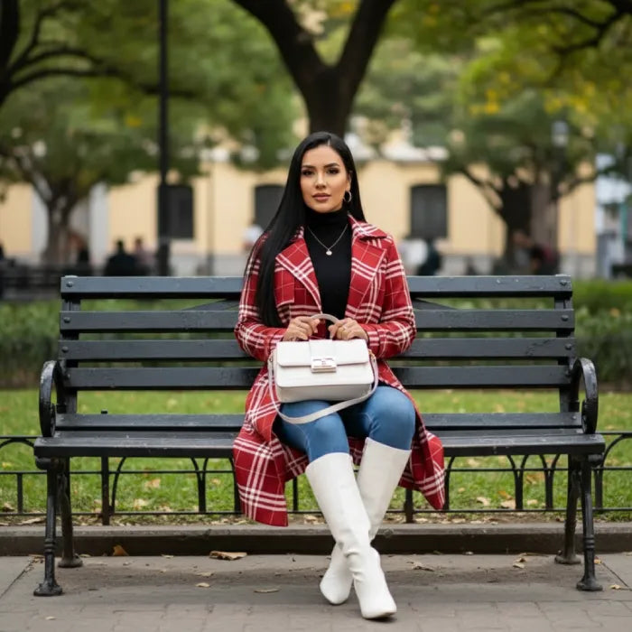 Red belted trench styled while seated in a park, featuring a plaid coat worn with boots for relaxed winter outfit ideas.