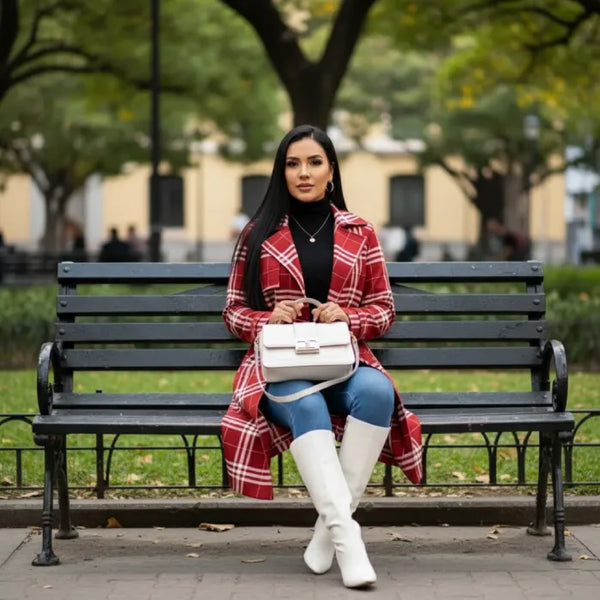 Red belted trench styled while seated in a park, featuring a plaid coat worn with boots for relaxed winter outfit ideas.
