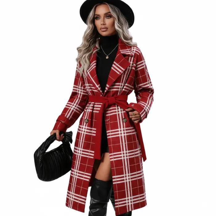 Red belted trench shown on a model against a white background, featuring a tailored plaid coat with belt for winter wear.