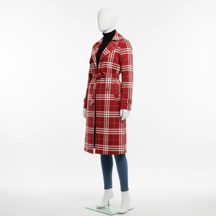 Red belted trench shown from the front on a mannequin, featuring a tailored plaid coat with belt detail for winter wear.