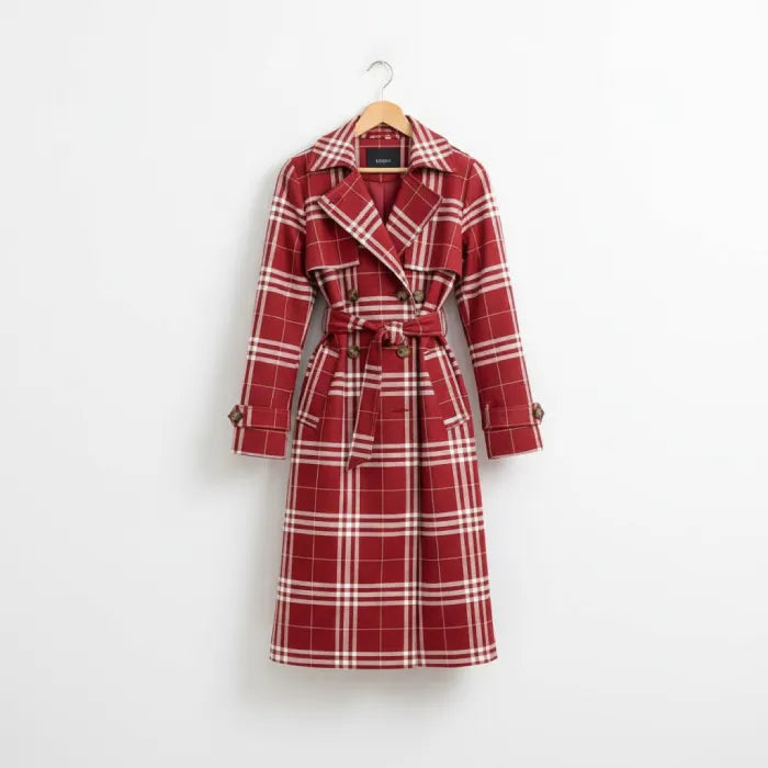 Red belted trench displayed on a hanger, highlighting a tailored plaid coat with belt detail designed for winter fashion buyers.