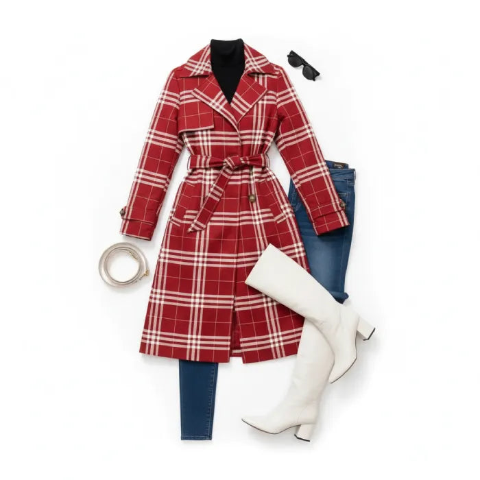 Red belted trench flat lay outfit featuring a plaid coat styled with boots and denim for complete winter fashion inspiration.