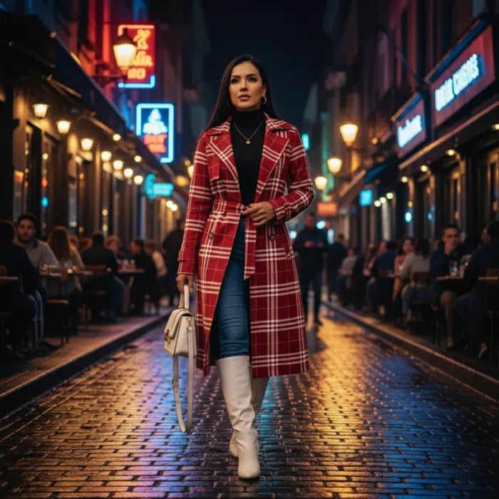 Red belted trench styled at night on a city street, showcasing a plaid coat worn with boots for elevated winter fashion.