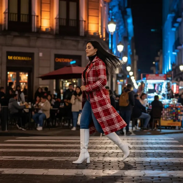 Red belted trench captured in motion crossing a city street, showcasing a plaid coat paired with boots for chic winter wear.