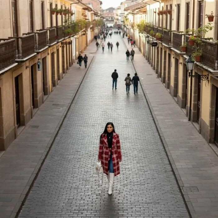 Red belted trench worn walking down a wide city street, presenting a plaid coat styled for modern winter outfits.