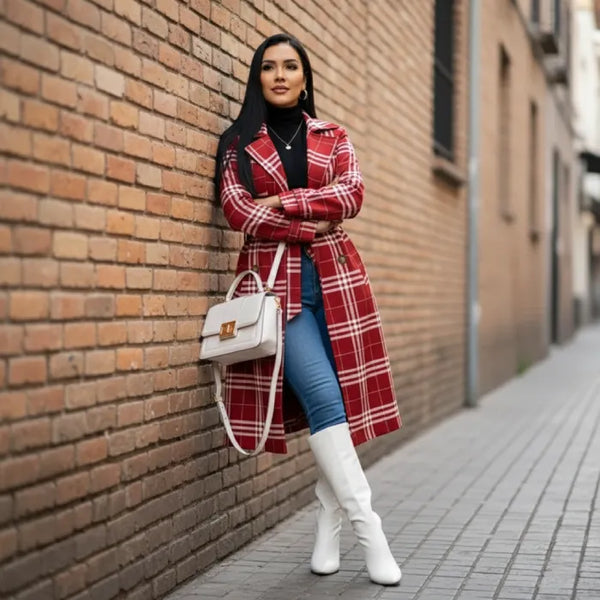 Red belted trench styled against an urban brick wall, a plaid coat paired with boots for modern city winter fashion.