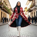 Red belted trench worn open while walking, showcasing a flowing plaid coat styled with boots for confident winter looks.