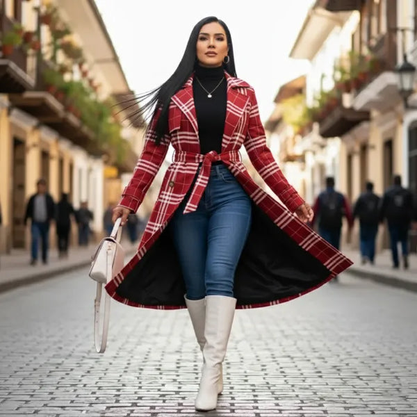Red belted trench worn open while walking, showcasing a flowing plaid coat styled with boots for confident winter looks.