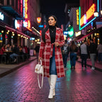 Red belted trench styled for nightlife, featuring a plaid coat worn on a city street with boots for modern winter fashion.