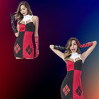 Red black harlequin dress double model view showing front details and unique styling in playful twin pose layout
