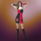 Red black harlequin dress full body look with white collar and high boots in stylized fashion pose.