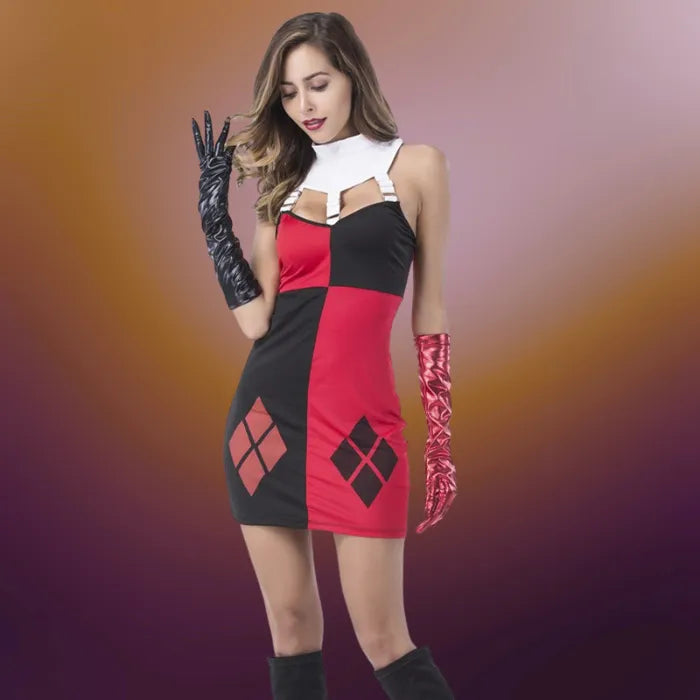 Red black harlequin dress with strapless neckline and contrasting gloves styled on model in moody background