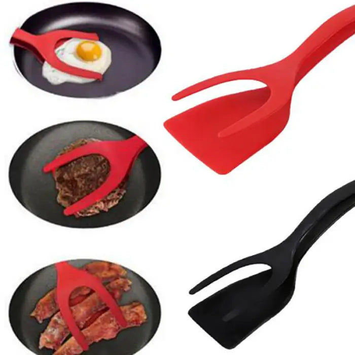 Red and black spatulas shown with various uses, including flipping eggs, bacon, and beef patties in pans.