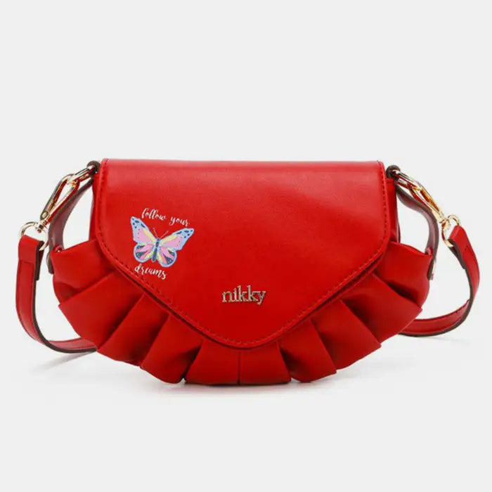 Designer red pleated crossbody purse with butterfly motif and gold hardware, ideal for modern fashion statements