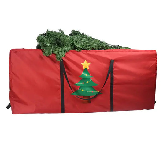 Red waterproof Christmas tree storage container with black straps and festive tree design