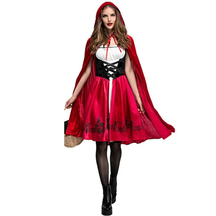 Red cloak Halloween costume styled as Little Red Riding Hood with basket.