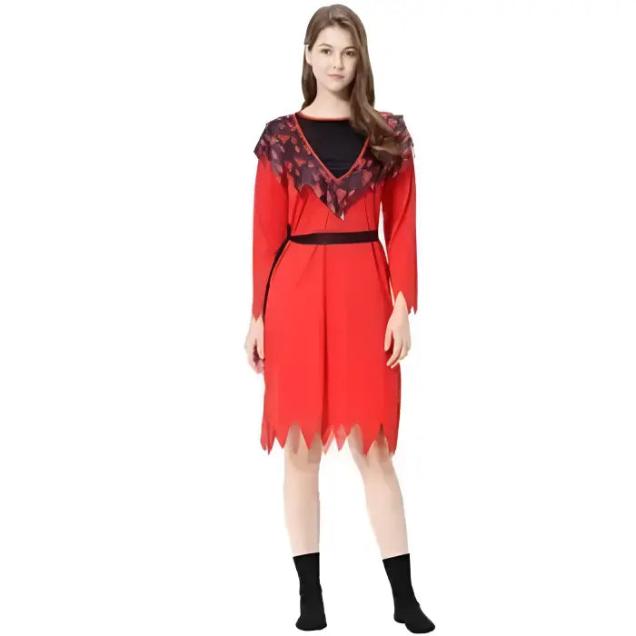 Red devil Halloween costume with jagged red dress and black belt.