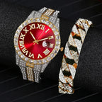 Luxurious watch with red dial and crystal encrusted band, showcased on black.