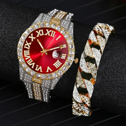 Luxurious watch with red dial and crystal encrusted band, showcased on black.