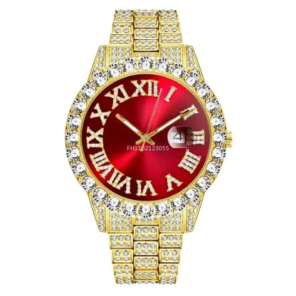 Gold watch with red dial, fully embellished with diamonds, classy accessory.