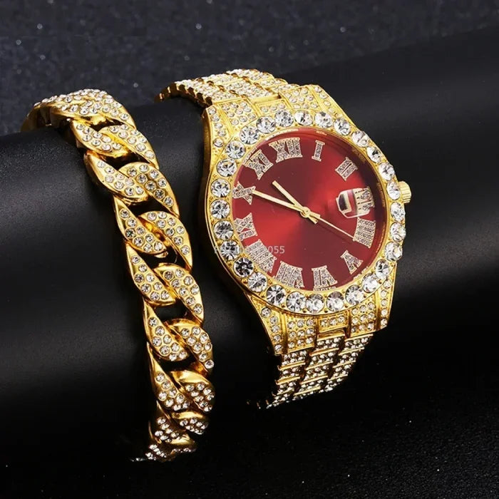 Luxurious red dialed golden watch encrusted with crystals, displayed on black.