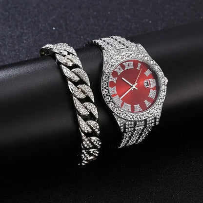 Elegant red dialed silver watch with crystal details, showcased on black backdrop.