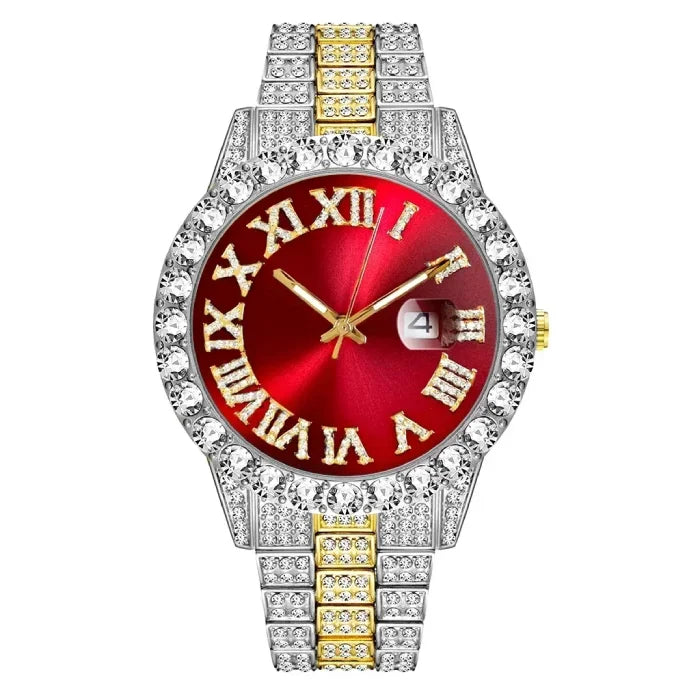 Elegant silver watch with red dial, diamond details and Roman numeral markers.