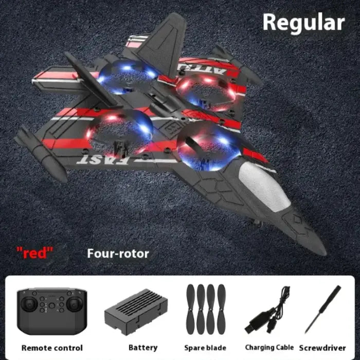 Red four-rotor drone kit includes remote control, spare blades, battery, charging cable, and screwdriver.