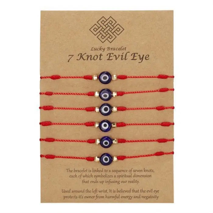 Pack of red 7-knot evil eye bracelets offering protection from harmful energy and negativity.