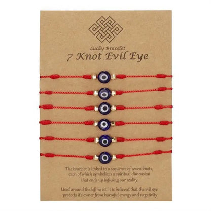 Pack of red 7-knot evil eye bracelets offering protection from harmful energy and negativity.