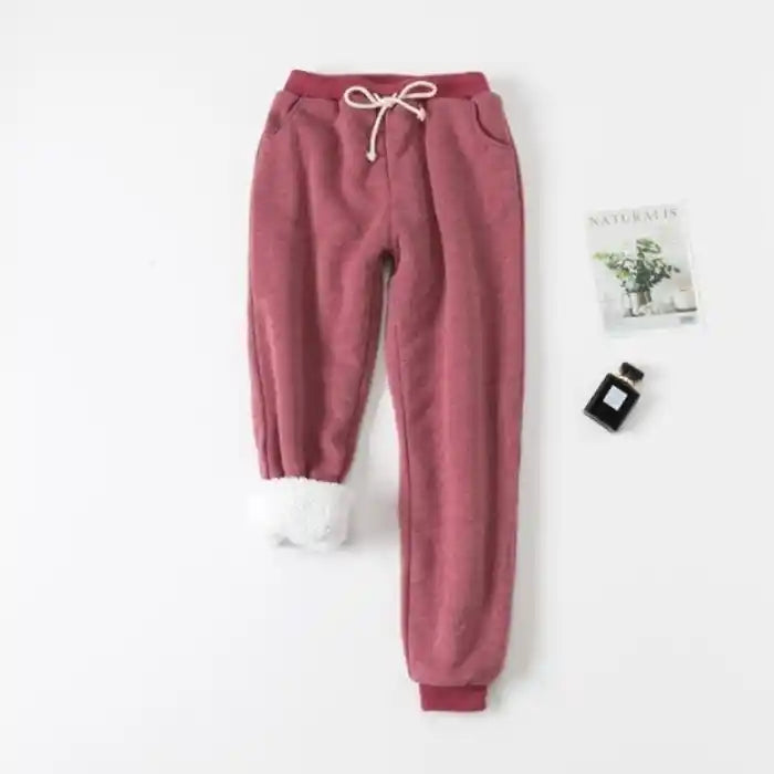  "Red fleece jogger women winter lounge pants drawstring waist with comfy pockets" 