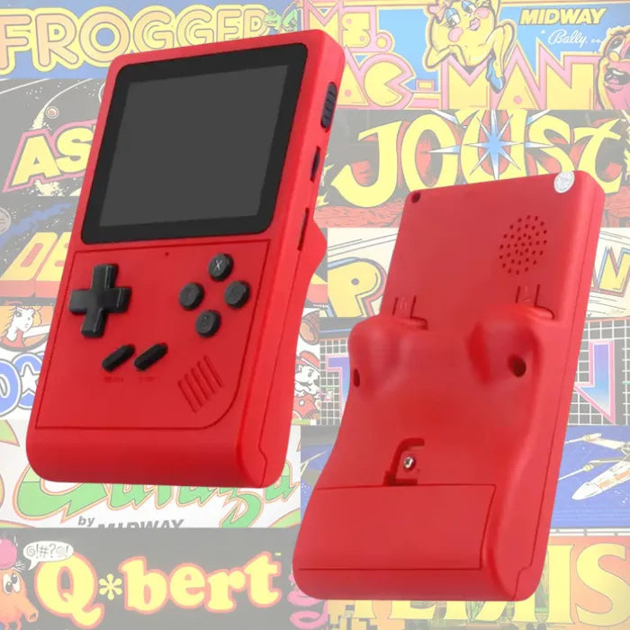 Red portable gaming console shown from front and back views, set against colorful background of classic arcade game logos