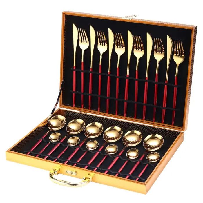 Premium gold flatware with red handles in wooden presentation box