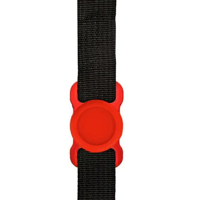 Red GPS Tracker wristband holder attached to a black strap, designed for secure device placement.