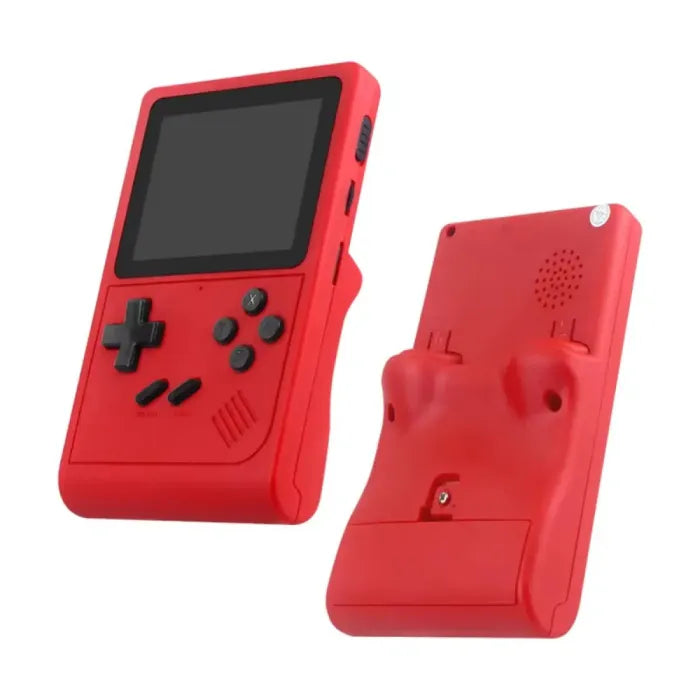 Red handheld gaming device with buttons and screen, shown from front and back views against white background