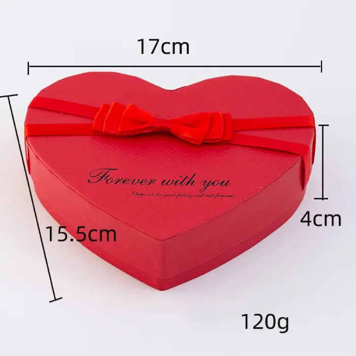 Red heart-shaped gift box with dimensions and weight displayed, ideal for romantic gift ideas.