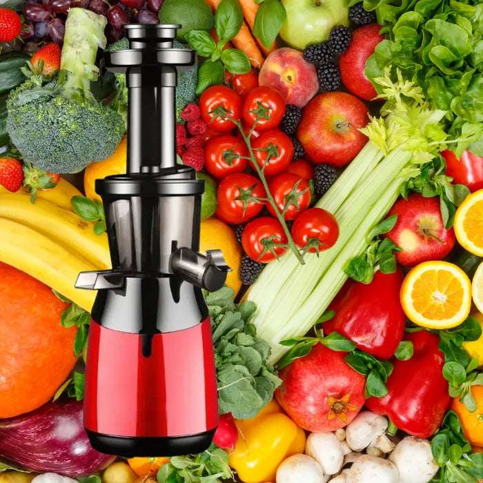 Professional slow juicer with red base surrounded by colorful fresh produce including tomatoes, apples and celery