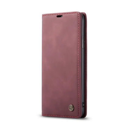 Elegant red leather wallet phone case featuring premium material and precise stitching for smartphones.