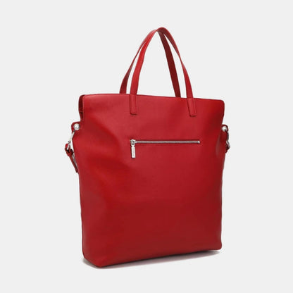 Designer red tote bag featuring practical back zip pocket and double handles for everyday luxury handbag functionality